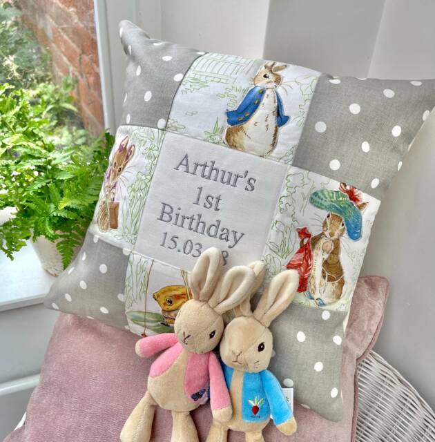 Beatrix Potter?? Patchwork Birthday Cushion, Beatrix Potter, Peter Rabbit, Birthday, First Nursery Decor , Baby Cushion - image 1
