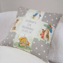 Beatrix Potter?? Patchwork Birthday Cushion, Beatrix Potter, Peter Rabbit, Birthday, First Nursery Decor , Baby Cushion - thumbnail 2