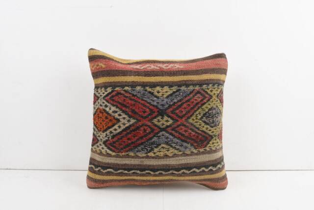Vintage Turkish Kilim Pillow Cover Handwoven Wool Rug Cushion - 16x16 - image 1