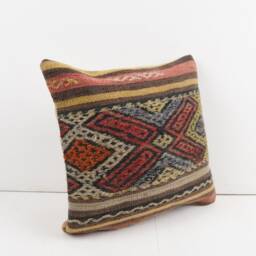 Vintage Turkish Kilim Pillow Cover Handwoven Wool Rug Cushion - 16x16 - thumbnail 2