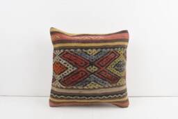 Vintage Turkish Kilim Pillow Cover Handwoven Wool Rug Cushion - 16x16 - thumbnail 1