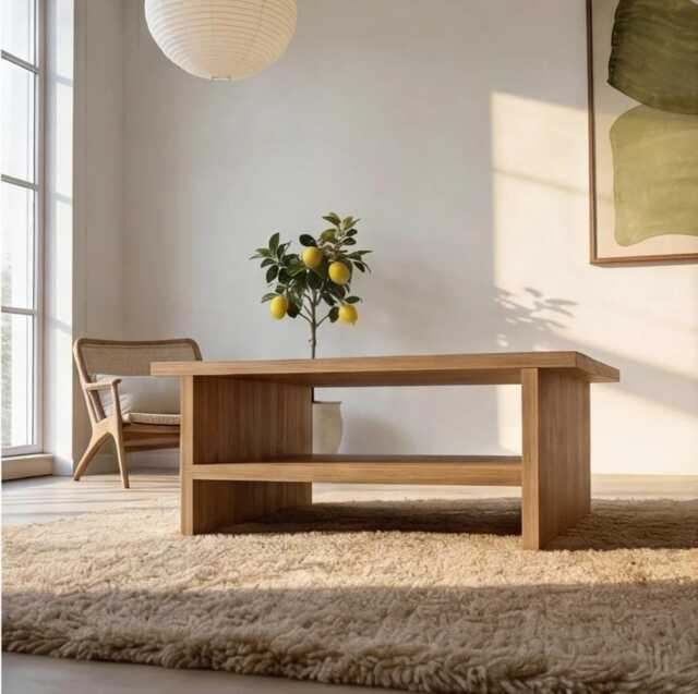 Oak Coffee Table - Solid Wood Minimalist Living Room Furniture Table Minimal Coffee Storage Shelf - image 1