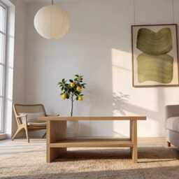 Oak Coffee Table - Solid Wood Minimalist Living Room Furniture Table Minimal Coffee Storage Shelf - thumbnail 4