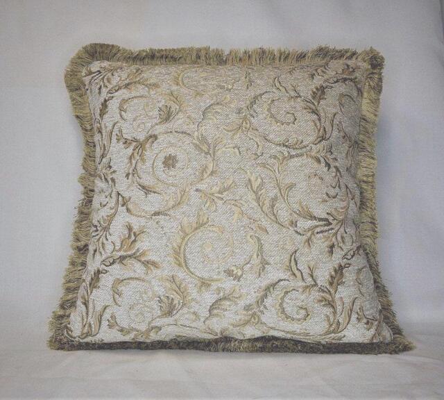 Embroidered Ivory Gold Leaf Chenille Fringe Pillow For Sofa Or Chair Hand Made in Usa - image 1