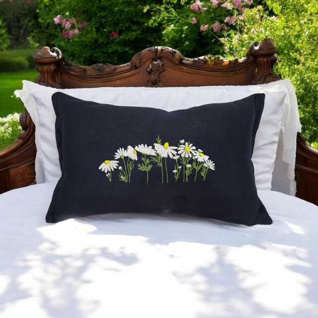 Navy Daisy Cushion, Embroidered On 100% Pure Linen, Handmade, Zipped 30 X 50 cms, C/W Inner, Home, Country Holiday Decor - image 1