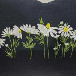 Navy Daisy Cushion, Embroidered On 100% Pure Linen, Handmade, Zipped 30 X 50 cms, C/W Inner, Home, Country Holiday Decor - thumbnail 3