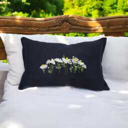 Navy Daisy Cushion, Embroidered On 100% Pure Linen, Handmade, Zipped 30 X 50 cms, C/W Inner, Home, Country Holiday Decor - thumbnail 2