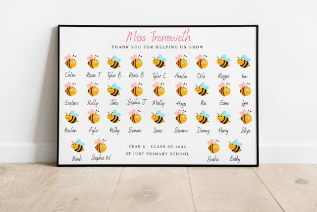 Personalised Teacher End Of Year Thank You Gift - Bee Class Names Wall Print Pupil Leaving Teaching Assistant Keepsake - image 1