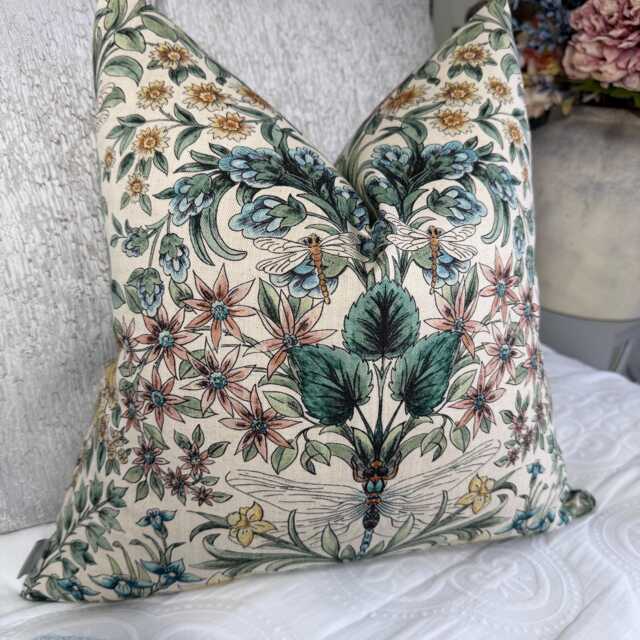 Mirabell Cushion Cover Sanderson Fabric Botanical Dragonfly Pillow Arts & Crafts Style Handmade in UK - image 1