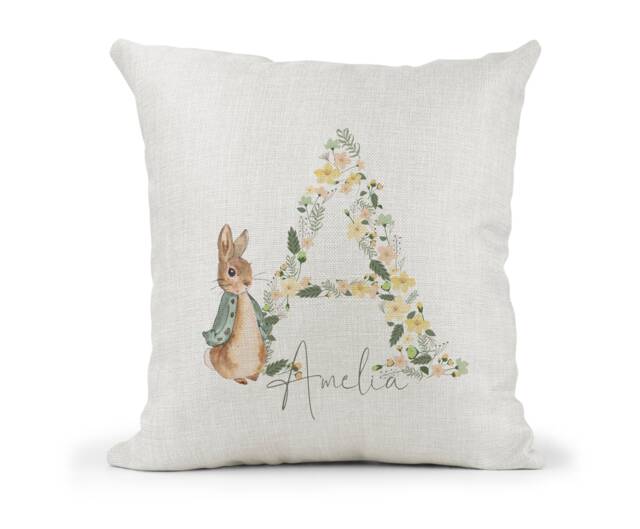 Personalised Peter Rabbit Cushion...girls Green Lemon Floral Letter Gift..bedroom Decor.daughter..granddaughter.goddaughter.niece.birthday - image 1