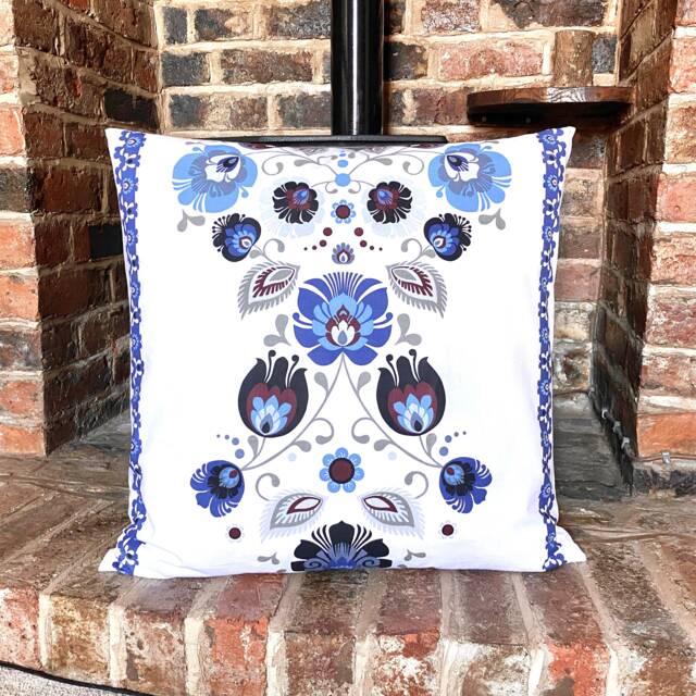 859. Folk Flowers With Blue Stripes 100% Cotton Cushion Cover 24x24 Inch