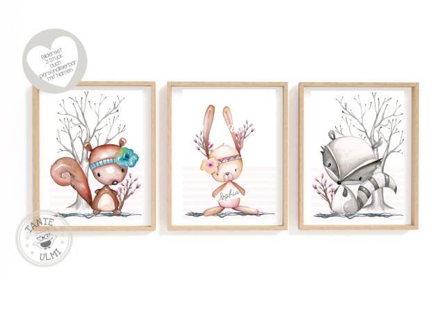 Pictures Children's Room 3 Pieces Print A4 Small Forest Animals With Name Selectable