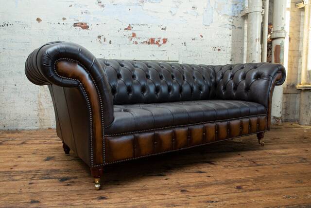 Handmade 3 Seater Vintage Grey With Antique Tan Leather Chesterfield Sofa - image 1