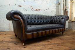 Handmade 3 Seater Vintage Grey With Antique Tan Leather Chesterfield Sofa - thumbnail 1