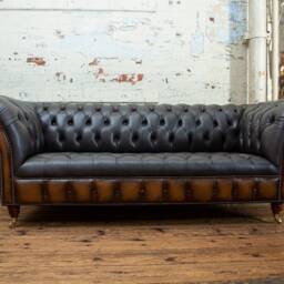 Handmade 3 Seater Vintage Grey With Antique Tan Leather Chesterfield Sofa - thumbnail 3