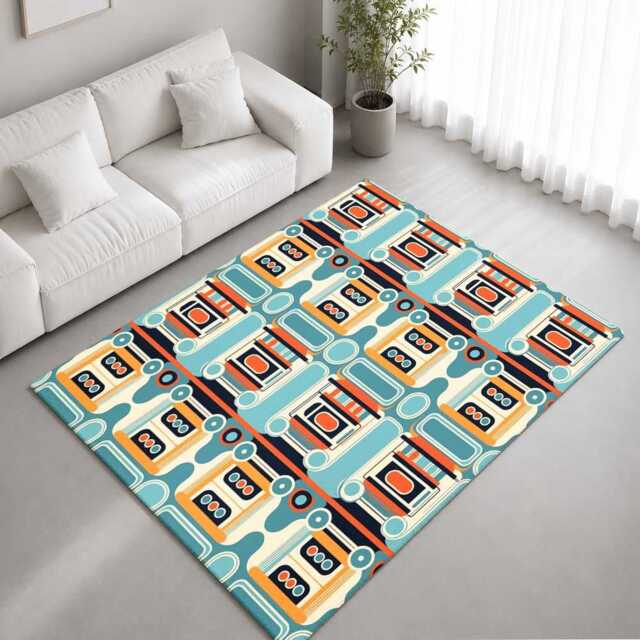 Teal Orange Retro Geometric Repeat Pattern Rug Non-Slip Soft Area Carpet Bedroom Living Room Hallway Mat Decor - Made in UK - image 1