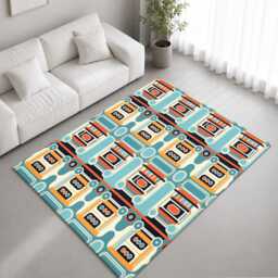 Teal Orange Retro Geometric Repeat Pattern Rug Non-Slip Soft Area Carpet Bedroom Living Room Hallway Mat Decor - Made in UK - thumbnail 1