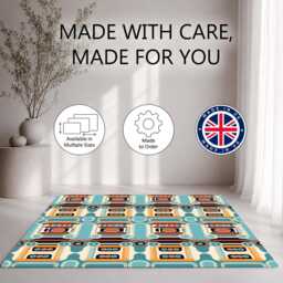 Teal Orange Retro Geometric Repeat Pattern Rug Non-Slip Soft Area Carpet Bedroom Living Room Hallway Mat Decor - Made in UK - thumbnail 2
