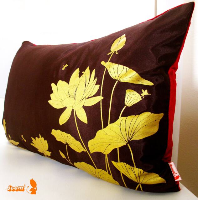 Lotus Pond Pillow Golden Silkscreen Print, Crimson Velvet Back - image 1