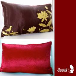 Lotus Pond Pillow Golden Silkscreen Print, Crimson Velvet Back - thumbnail 3