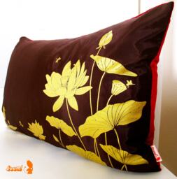 Lotus Pond Pillow Golden Silkscreen Print, Crimson Velvet Back - thumbnail 1