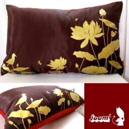 Lotus Pond Pillow Golden Silkscreen Print, Crimson Velvet Back - thumbnail 2