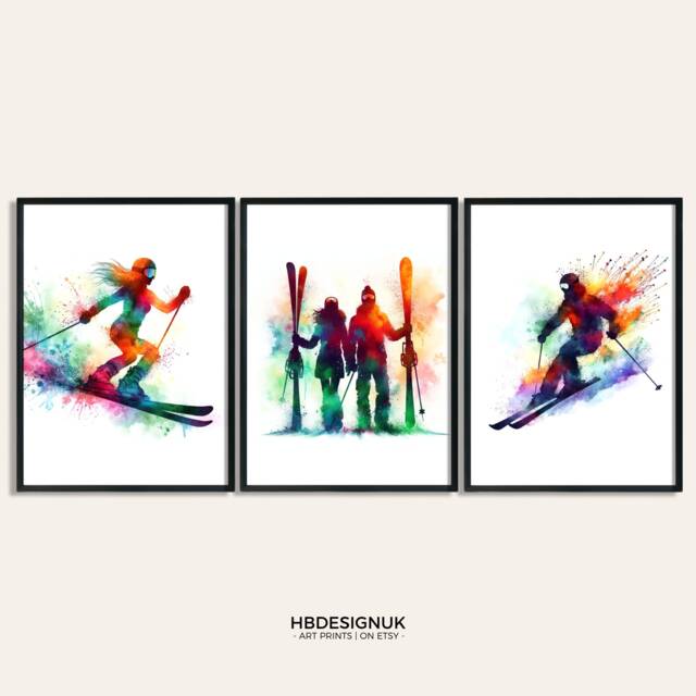 Ski Couple Watercolour Prints - Set Of 3 Posters - Gifts Colourful Decor Skier Wall Art Engagement Artwork - image 1