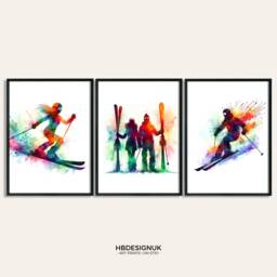 Ski Couple Watercolour Prints - Set Of 3 Posters - Gifts Colourful Decor Skier Wall Art Engagement Artwork - thumbnail 1