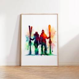 Ski Couple Watercolour Prints - Set Of 3 Posters - Gifts Colourful Decor Skier Wall Art Engagement Artwork - thumbnail 3