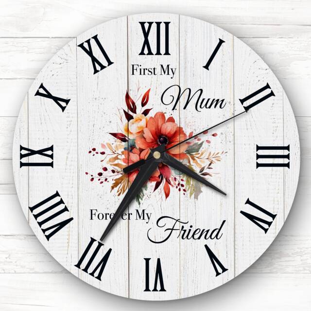 Wood Effect Floral Mum Forever Friend Personalised Gift Clock - image 1