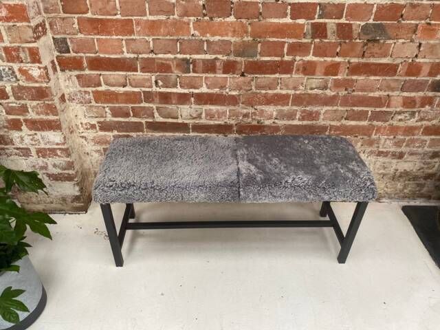 Grey Short-Wool Shearling Covered Bench, Genuine Sheepskin, Wooden Bench, Dining Bench , Interior Decor Furry Gift - image 1