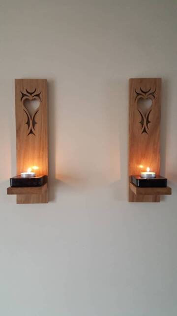 Wooden Candle Sconces Pair Of Solid Oak Handmade With Cut Out Detail .candles Glass Etc Not Included - image 1