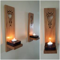 Wooden Candle Sconces Pair Of Solid Oak Handmade With Cut Out Detail .candles Glass Etc Not Included - thumbnail 2