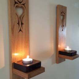 Wooden Candle Sconces Pair Of Solid Oak Handmade With Cut Out Detail .candles Glass Etc Not Included - thumbnail 3