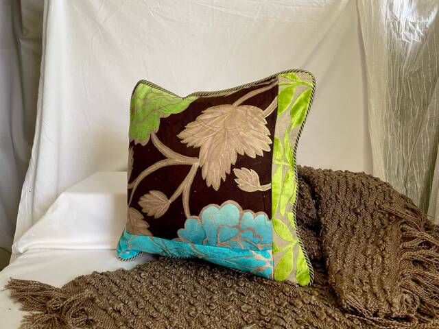 "Designers Guild Floral Pillow Cover Turquoise Blue Linen & Cut Velvet - 18""x18" - image 1