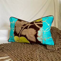 "Designers Guild Floral Pillow Cover Turquoise Blue Linen & Cut Velvet - 18""x18" - thumbnail 4