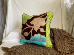 "Designers Guild Floral Pillow Cover Turquoise Blue Linen & Cut Velvet - 18""x18"