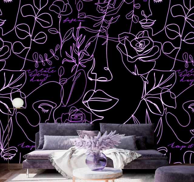 Large Black White Purple Faces Wall Mural Bedroom Wallpaper Custom Size One Line Decal Beauty Studio Removable - image 1