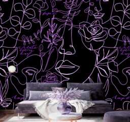 Large Black White Purple Faces Wall Mural Bedroom Wallpaper Custom Size One Line Decal Beauty Studio Removable - thumbnail 1