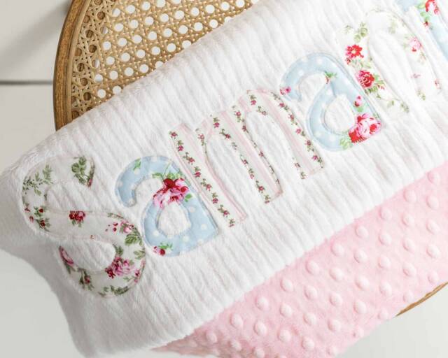 Monogrammed Baby Blanket in Wind, Pink Dot Minky & White Chenille, Personalized With Your Girl's First Name Cottage Chic - image 1