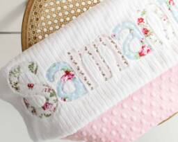 Monogrammed Baby Blanket in Wind, Pink Dot Minky & White Chenille, Personalized With Your Girl's First Name Cottage Chic - thumbnail 1