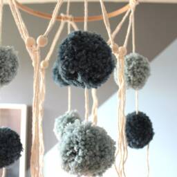 Mobile Baby With Light Blue & Navy Pom Poms - thumbnail 2