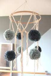 Mobile Baby With Light Blue & Navy Pom Poms - thumbnail 1