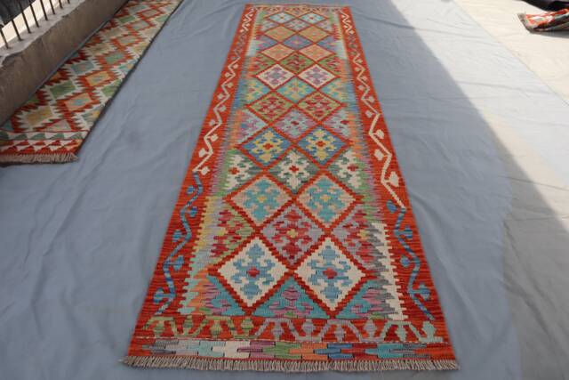 3x10 Ft Afghan Kilim Runner Rug - Handmade Wool Modern Flatweave Natural Veg Dyes Orange Blue Bedroom Kitchen Farmhouse Hallway Rug - image 1