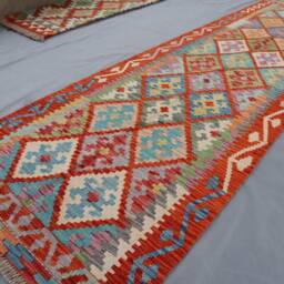 3x10 Ft Afghan Kilim Runner Rug - Handmade Wool Modern Flatweave Natural Veg Dyes Orange Blue Bedroom Kitchen Farmhouse Hallway Rug - thumbnail 2