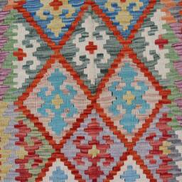 3x10 Ft Afghan Kilim Runner Rug - Handmade Wool Modern Flatweave Natural Veg Dyes Orange Blue Bedroom Kitchen Farmhouse Hallway Rug - thumbnail 4