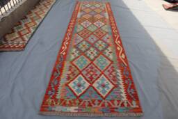 3x10 Ft Afghan Kilim Runner Rug - Handmade Wool Modern Flatweave Natural Veg Dyes Orange Blue Bedroom Kitchen Farmhouse Hallway Rug - thumbnail 1