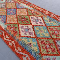 3x10 Ft Afghan Kilim Runner Rug - Handmade Wool Modern Flatweave Natural Veg Dyes Orange Blue Bedroom Kitchen Farmhouse Hallway Rug - thumbnail 3