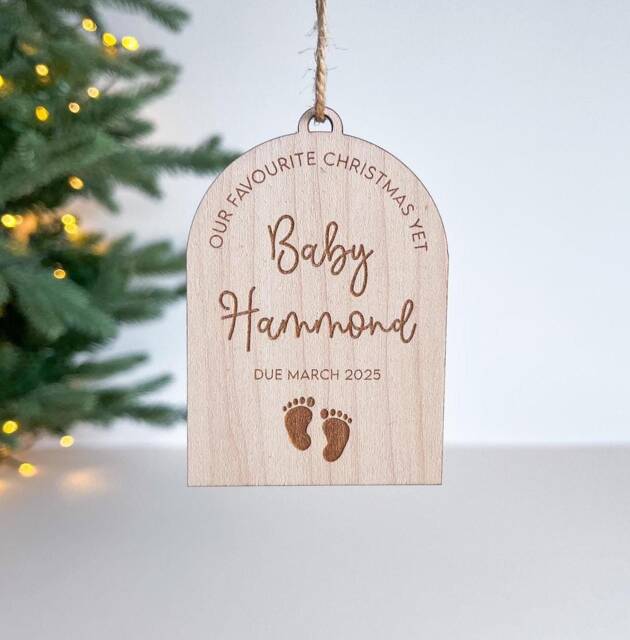 Personalized Baby Announcement Bauble Engraved Wood Keepsake Ornament - image 1