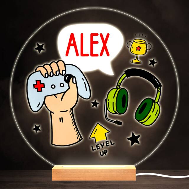 Gamer Boy Gaming Headphones Colourful Round Personalised Gift Lamp Night Light - Bedroom - image 1